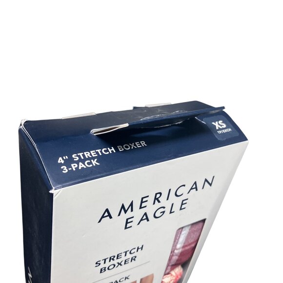 New AMERICAN EAGLE Men's XS 3 Pack 4" Stretch Poplin Boxers Red Plaid Stripe Box - Picture 2 of 4
